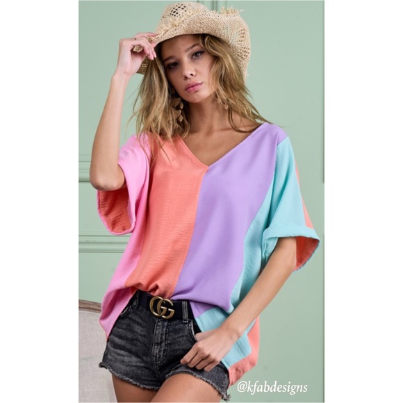 LAST 1! V Neck Roll up Sleeves Color Block Oversized Top! - Picture 4 of 9